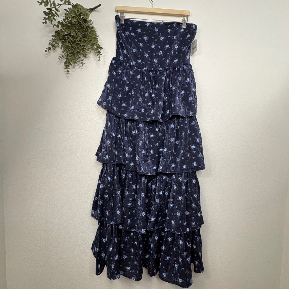 Altar'd State Navy Blue Floral Strapless Tiered Maxi Dress - Picture 5 of 11